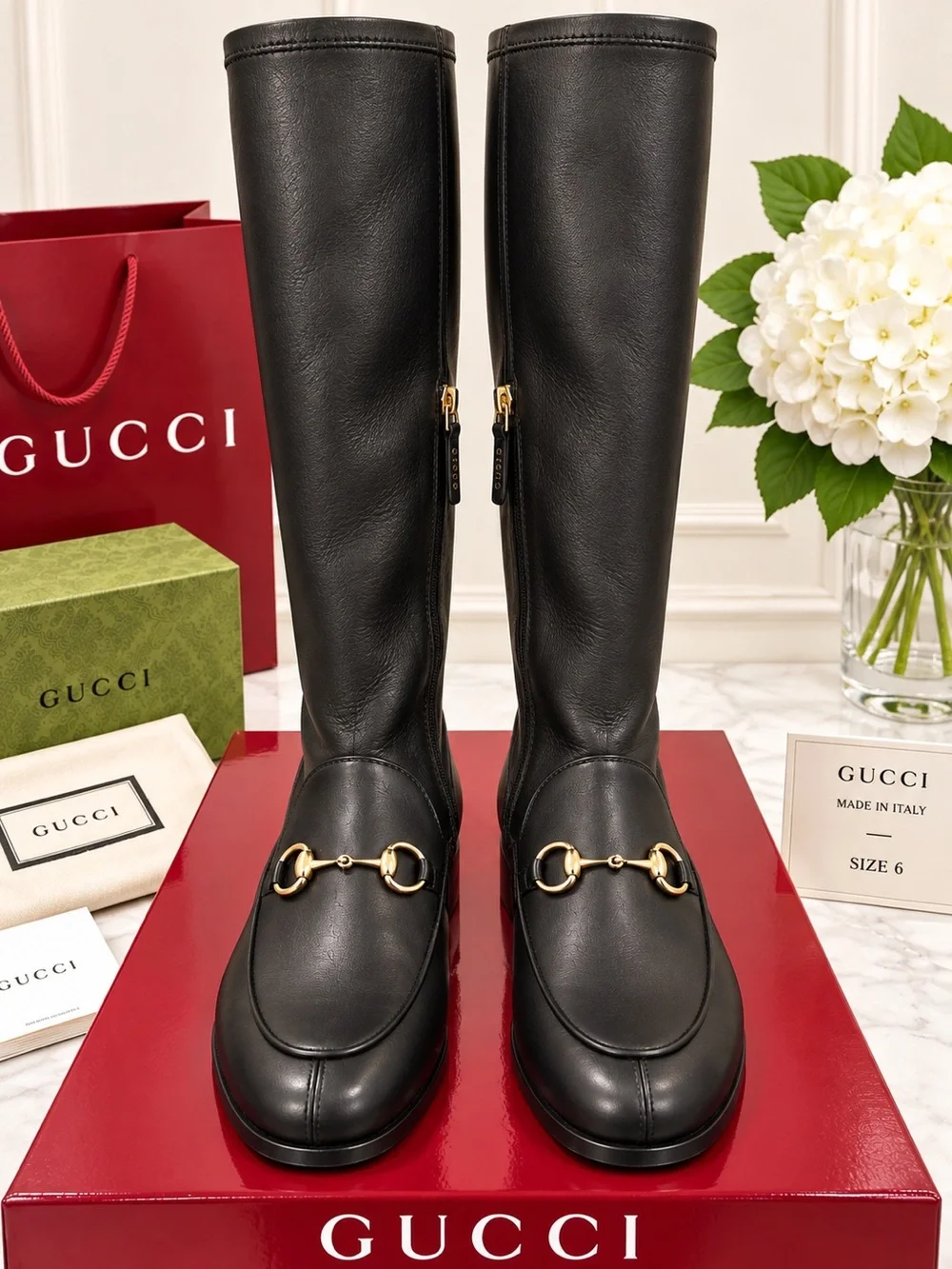 Gucci Black Leather Jordan Over-The-Knee Horsebit Boots with Gold Hardware